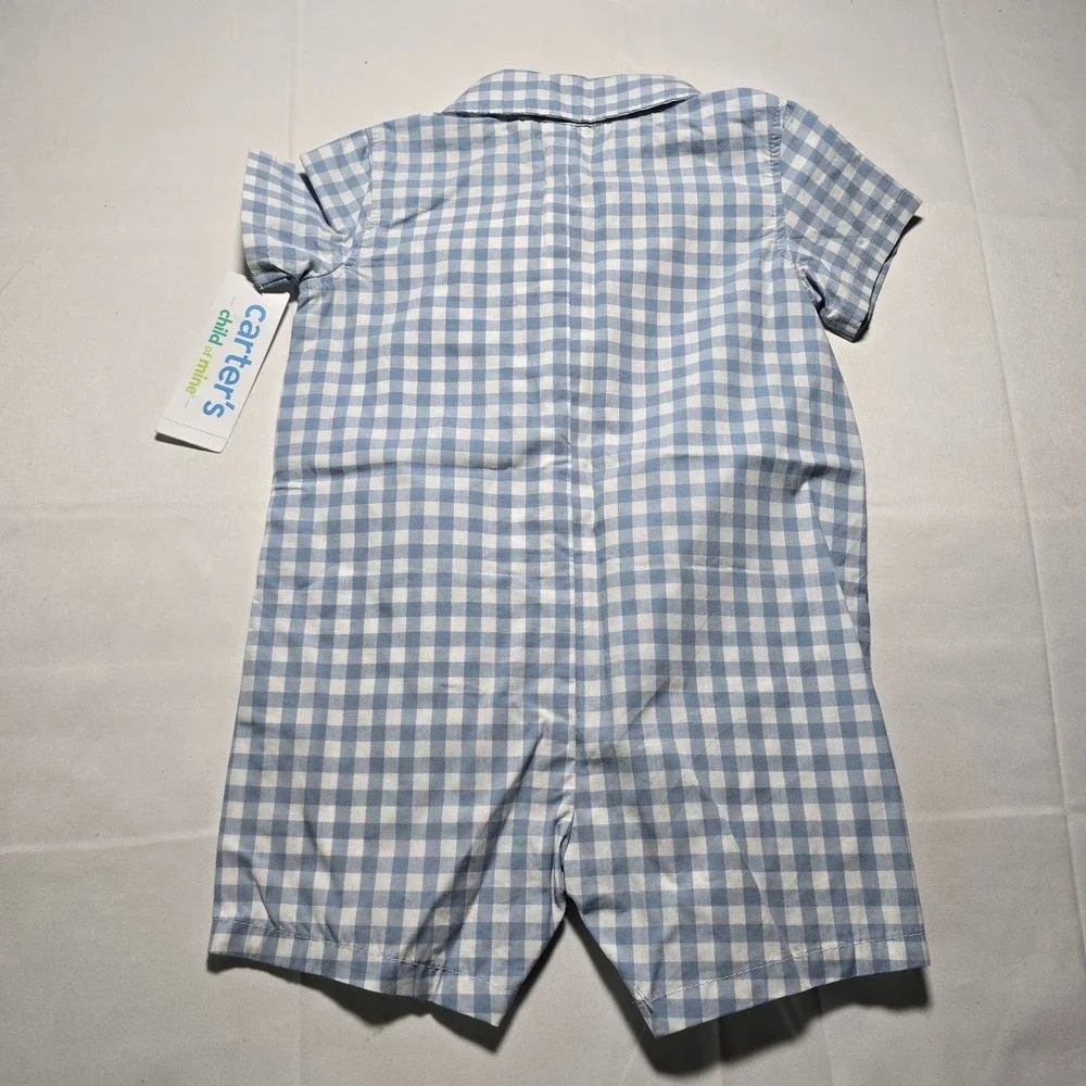 Carters Baby Boy 3-6 Blue White Gingham Button Front Romper Outfit NWT
